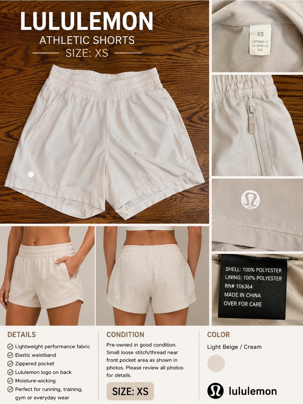 Lululemon Athletic Running Shorts XS Light Beige Cream Zip Pocket